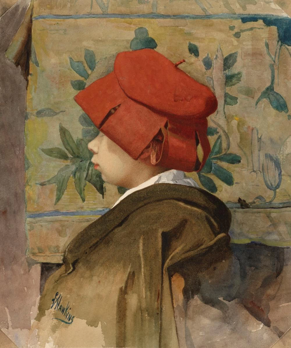 Giovane ragazza di profilo con copricapo rosso